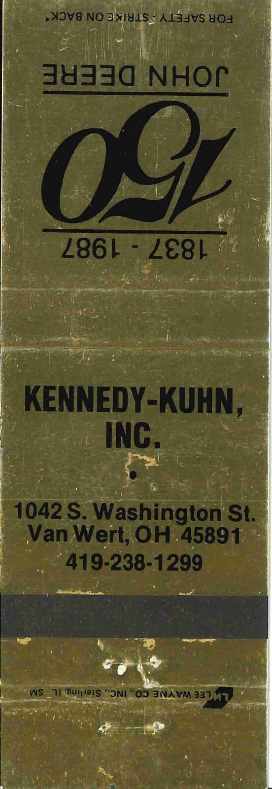 John Deere Matchbook Cover 150th Kennedy Kuhn Van Wert OH
