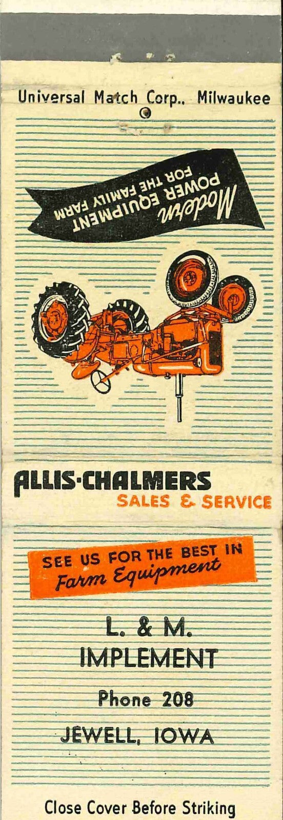 Matchbook Cover Allis Chalmers L & M Implement Jewell Iowa