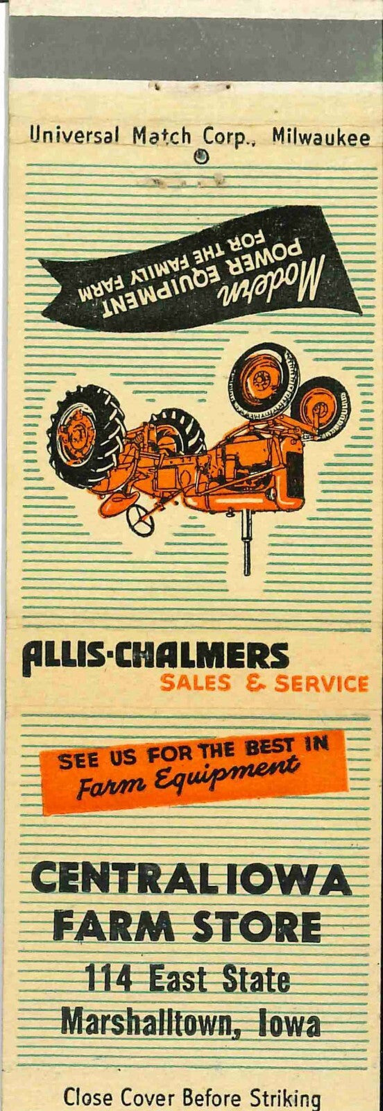 Matchbook Cover Allis Chalmers Central Iowa Farm Store Marshalltown Iowa