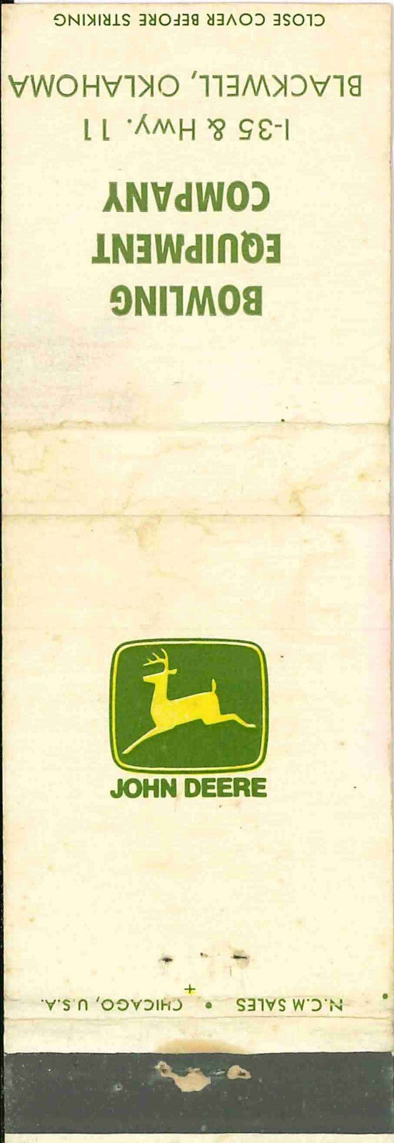John Deere Matchbook Cover 2 Leg Bowling Equip Co Blackwell OK