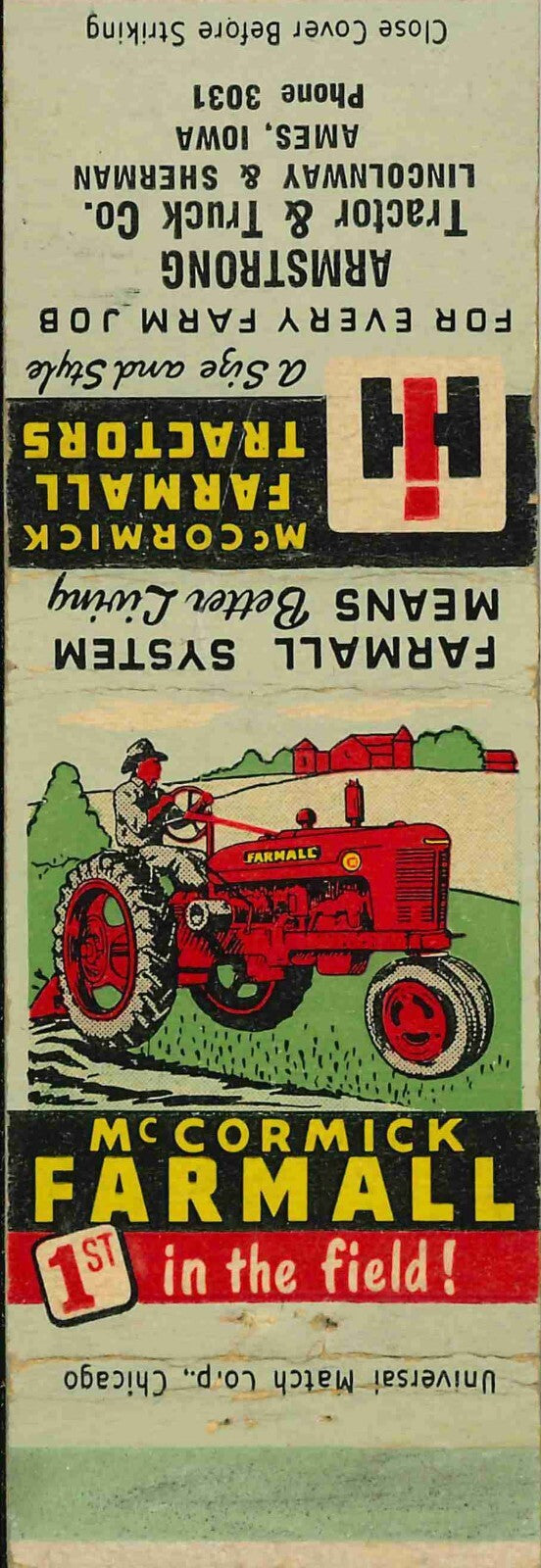 Matchbook Cover Farmall H Armstrong Tractor Ames Iowa