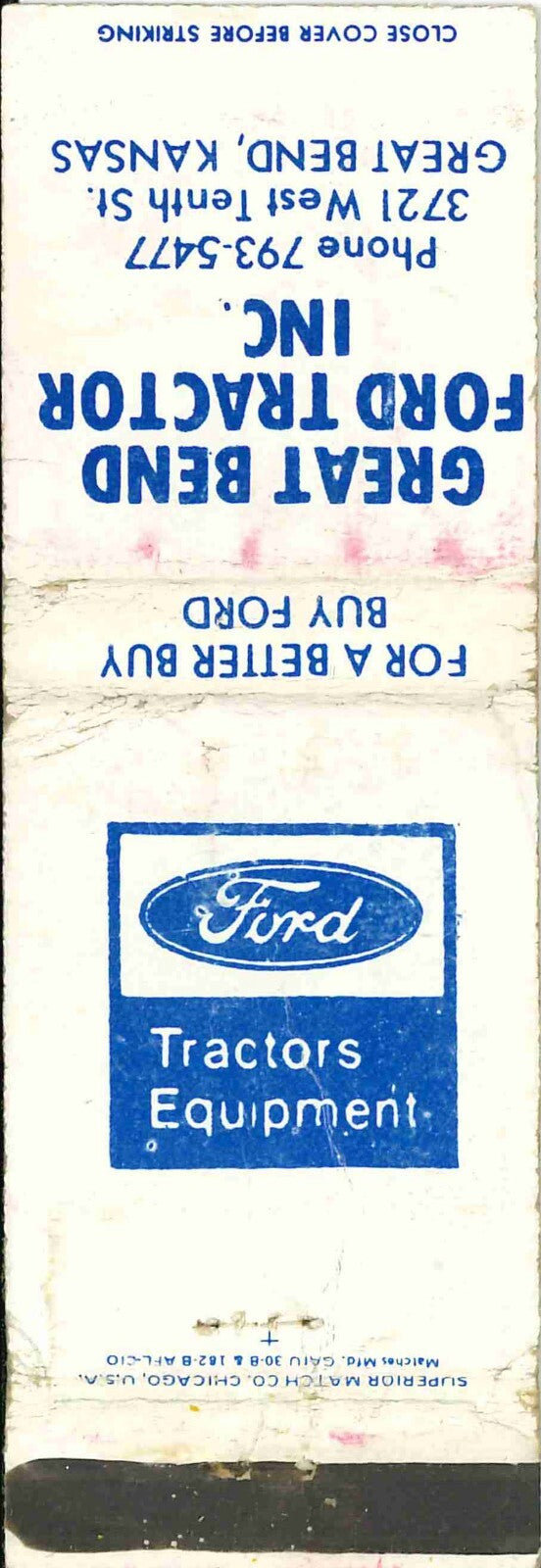 Matchbook Cover Ford Tractors Great Bend Ford Tractor Inc Great Bend Kansas