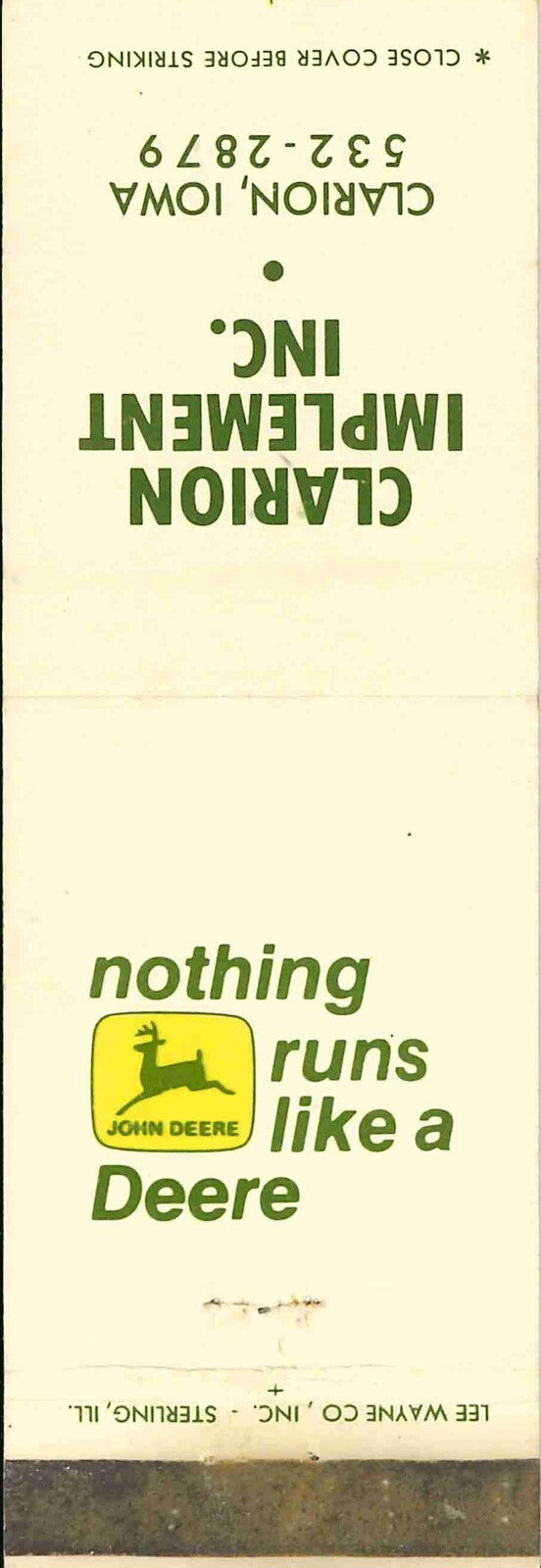 John Deere Matchbook Cover 2 Leg Clarion Imp Inc Clarion IA