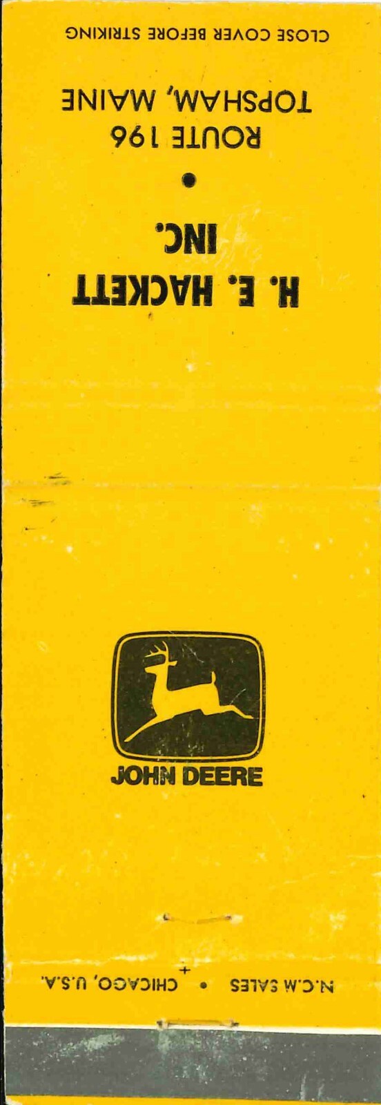 John Deere Matchbook Cover H E Hackett Topsham ME