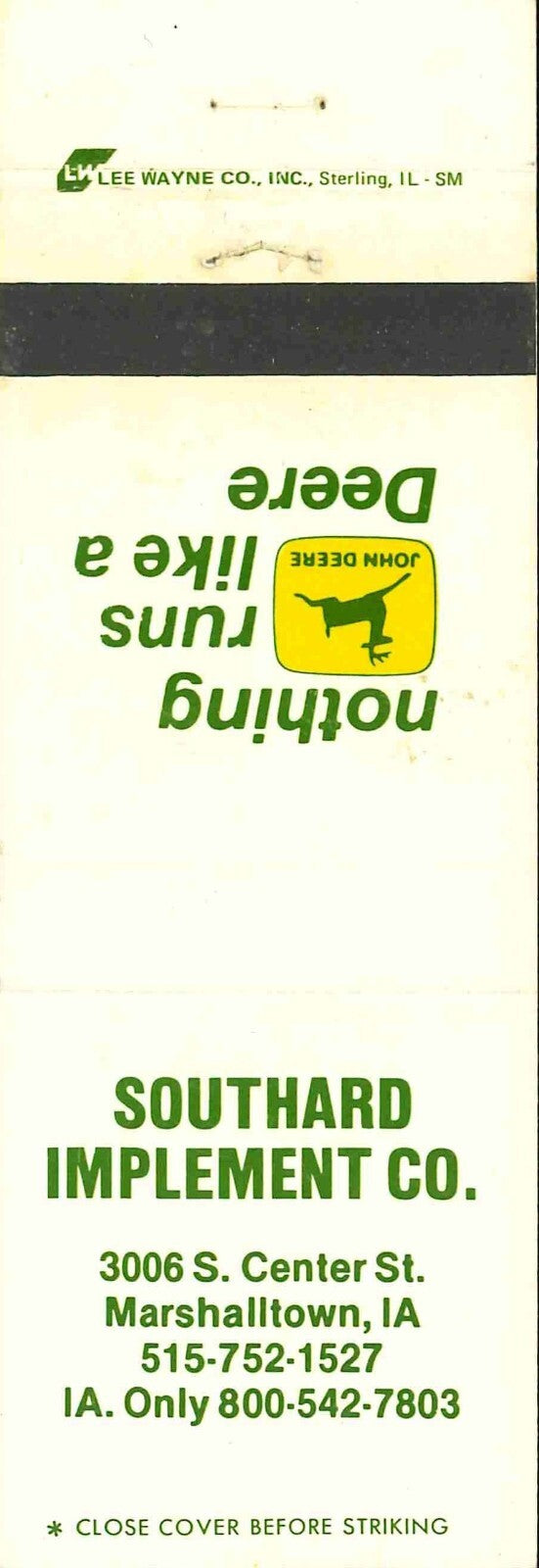 John Deere Matchbook Cover 2 Leg Southard Implement Marshalltown IA