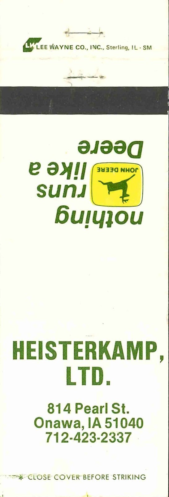 John Deere Matchbook Cover 2 Leg Heisterkamp Ltd Onawa IA