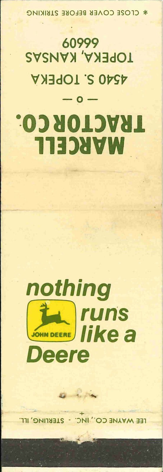 John Deere Matchbook Cover 2 Leg Marcell Tractor Co Topeka KS