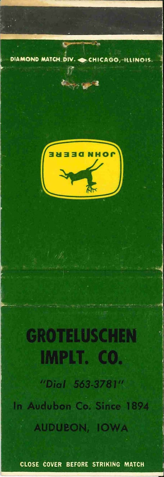 John Deere Matchbook Cover 4 Leg Groteluschen Imp Audubon IA