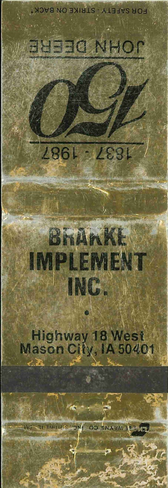 John Deere Matchbook Cover 150th Brakke Implement Mason City IA