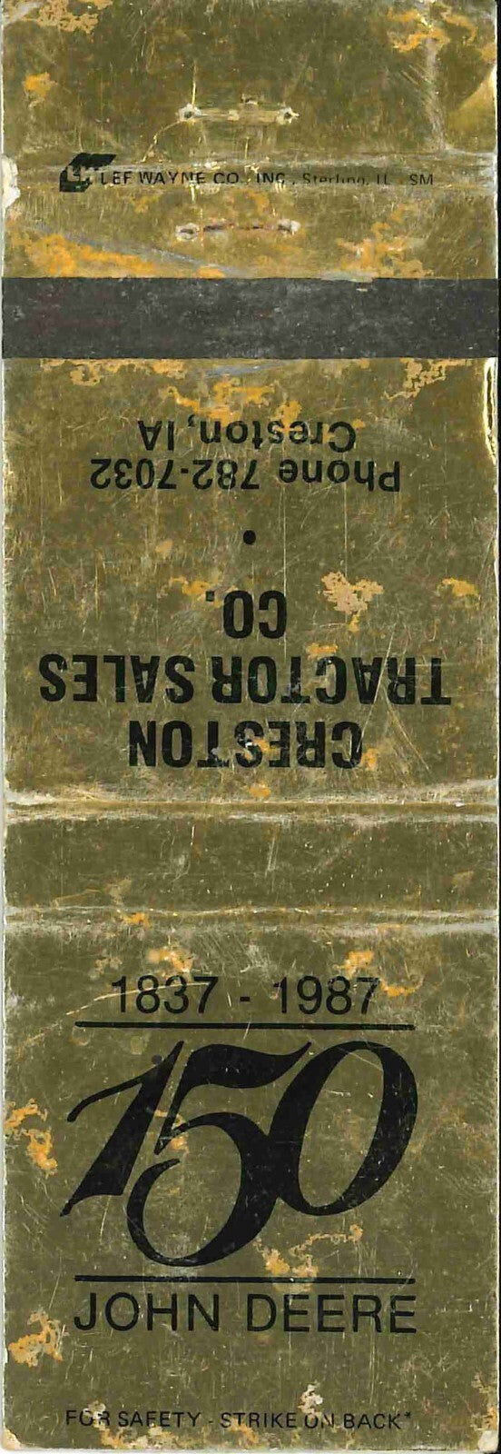 John Deere Matchbook Cover 150th Creston Tractor Sales Co Creston IA