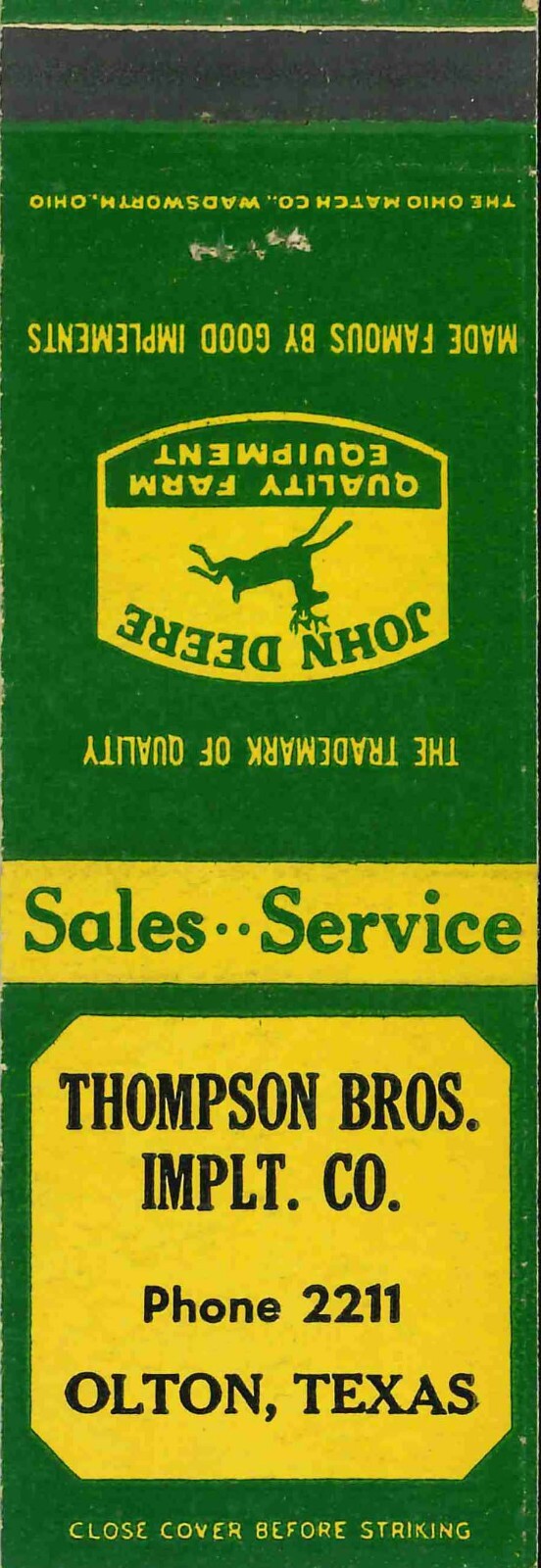 John Deere Matchbook Cover Thompson Bros Olton TX