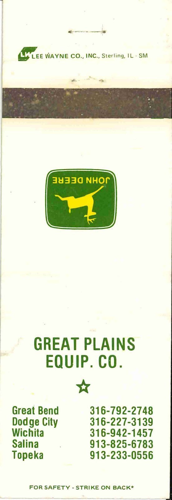 John Deere Matchbook Cover 2 Leg Great Plains Equip Co Kansas