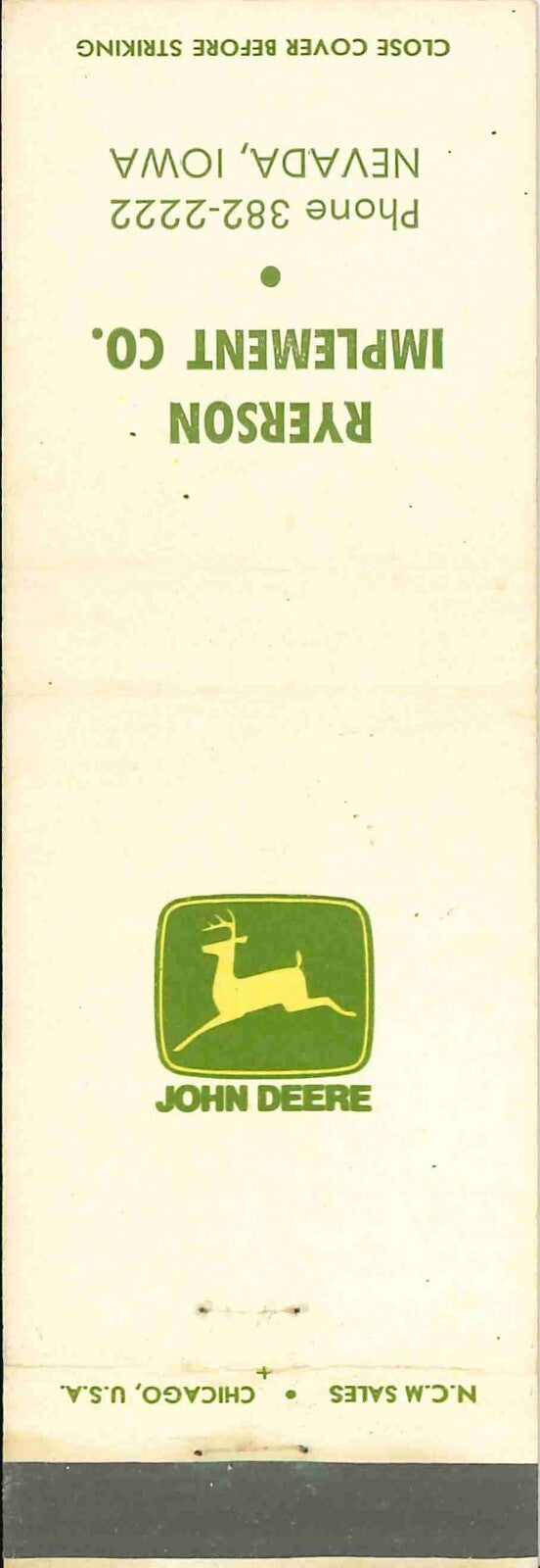 John Deere Matchbook Cover 2 Leg Ryerson Imp CO Nevada IA