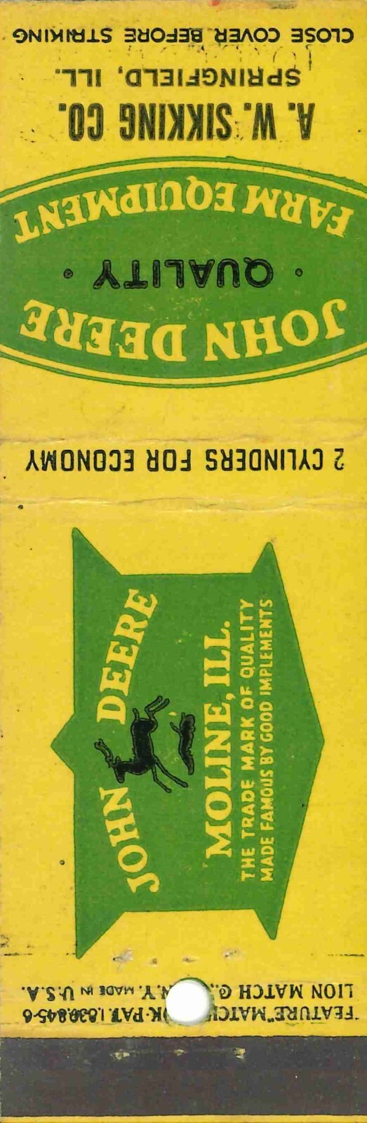 John Deere Matchbook Cover QFE A W Sikking Co Springfield Illinois