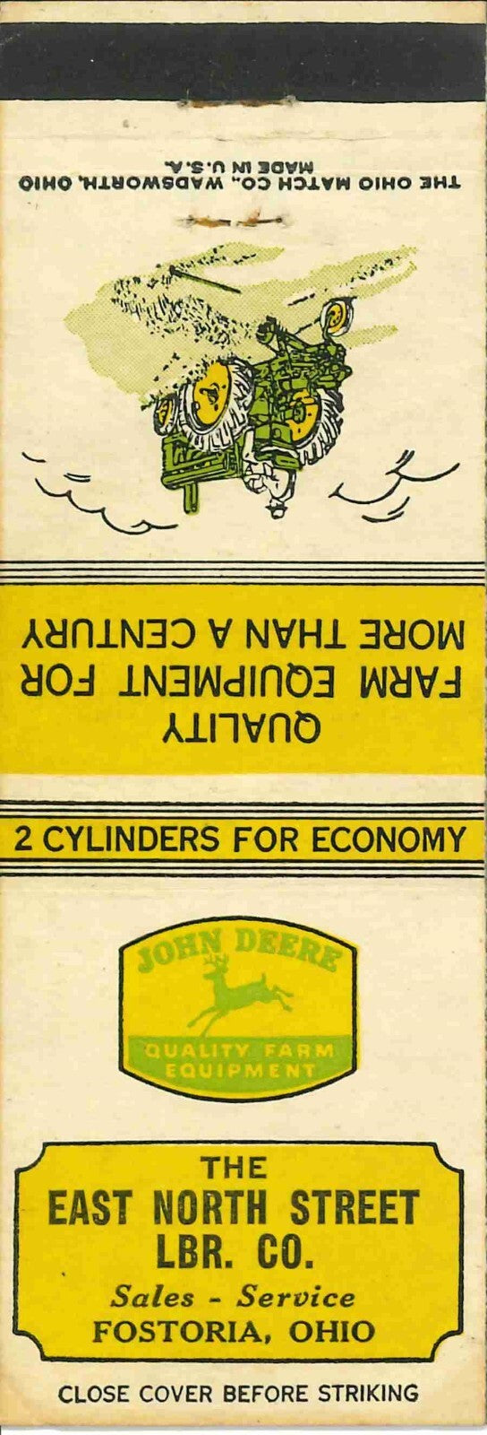John Deere Matchbook Cover A w/ Mower East North Street LBR CO Fostoria Ohio