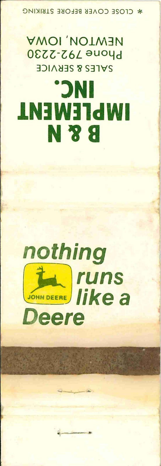 John Deere Matchbook Cover 2 Leg B N Imp Newton IA