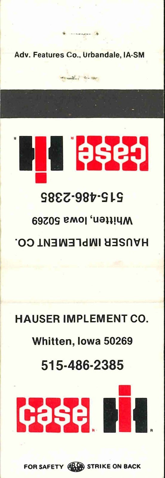 Matchbook Cover Case IH Hauser Imp Co Whitten Iowa