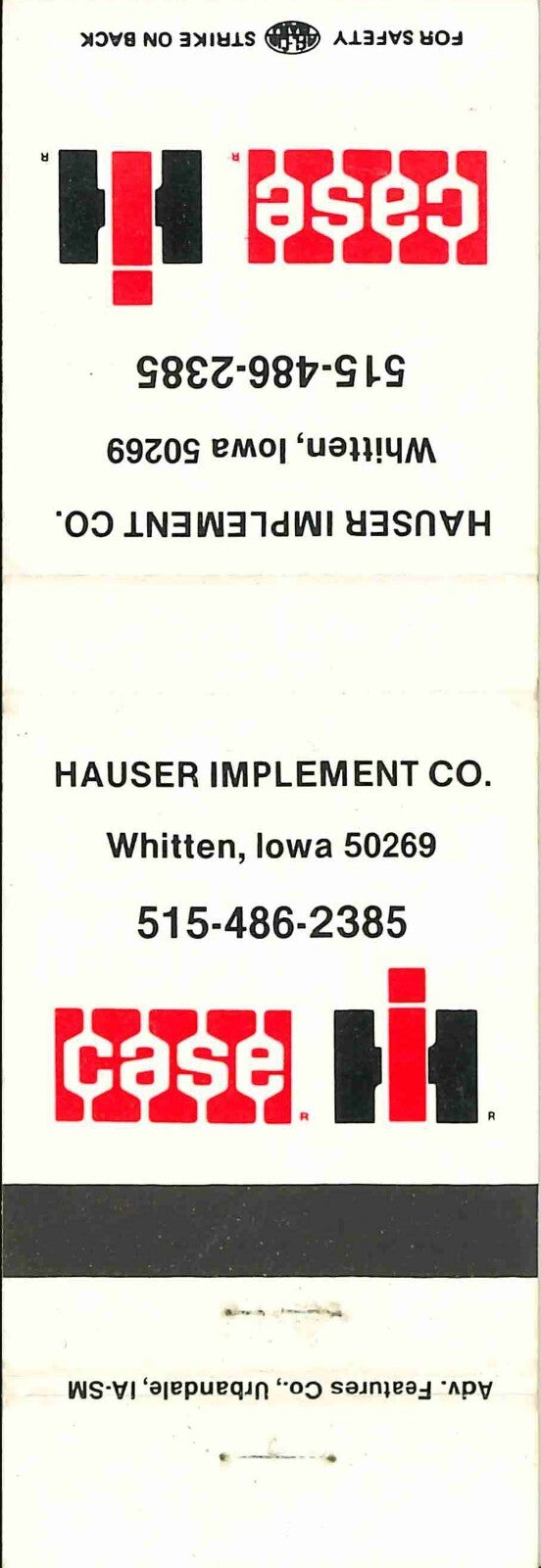 Matchbook Cover Case IH Hauser Imp Co Whitten Iowa