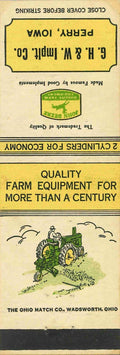 John Deere Matchbook Cover A w/ Mower G H & W Implt CO Perry Iowa