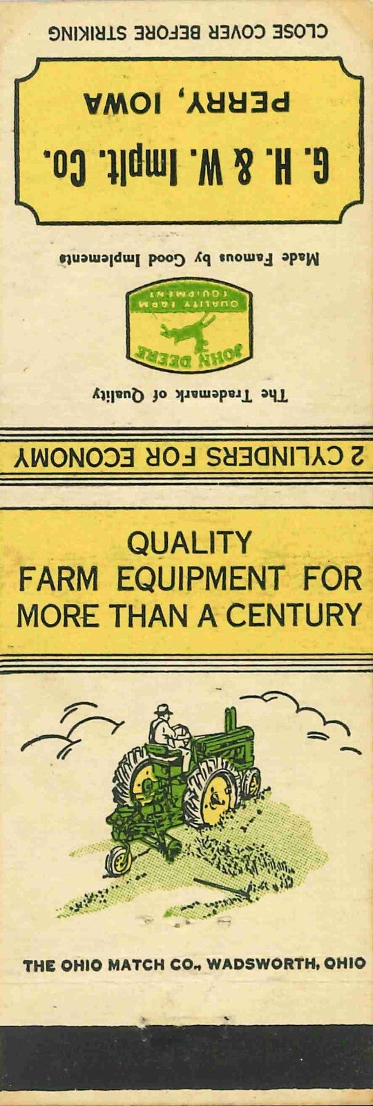 John Deere Matchbook Cover A w/ Mower G H & W Implt CO Perry Iowa