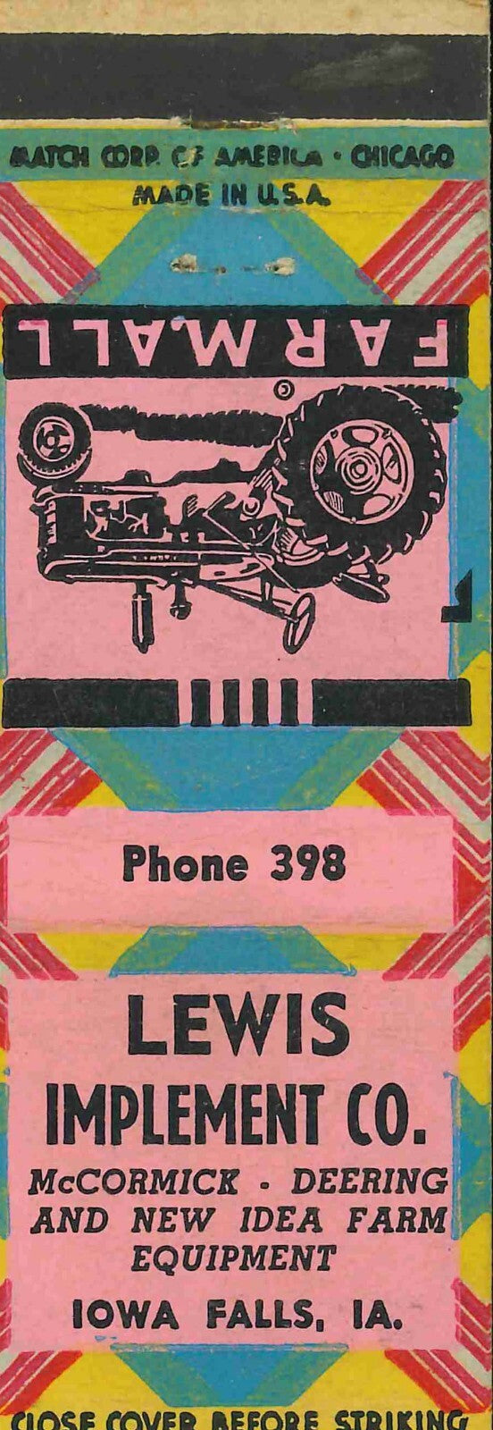 Matchbook Cover Farmall Lewis Imp Co Iowa Falls Iowa