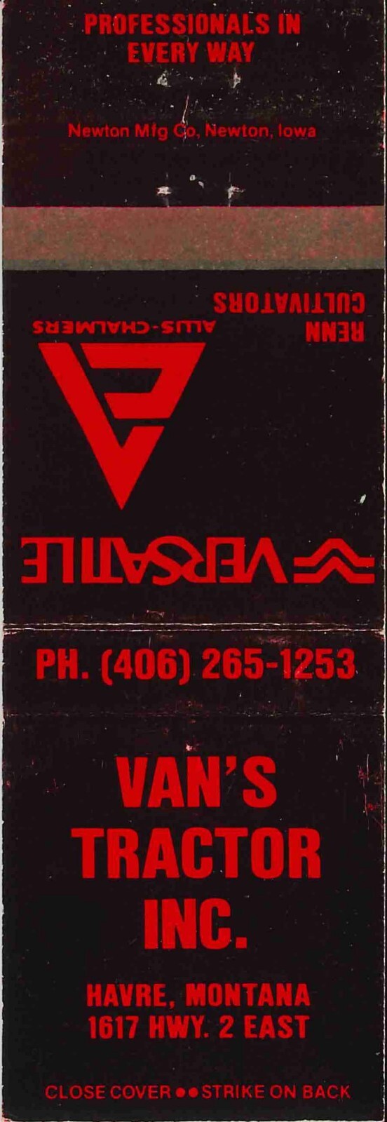 Matchbook Cover Allis Chalmers Versatile Vans Tractor Inc Havre Montana