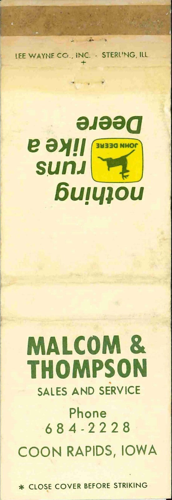 John Deere Matchbook Cover 2 Leg Malom Thompson Coon Rapids IA