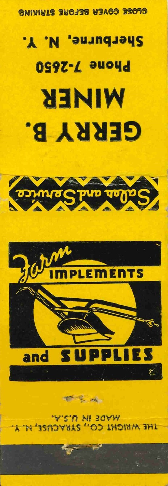 Matchbook Cover Gerry B Miner Farm Implements Sherburne New York