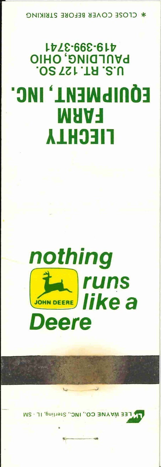 John Deere Matchbook Cover 2 Leg Liechty Farm Equip Paulding OH