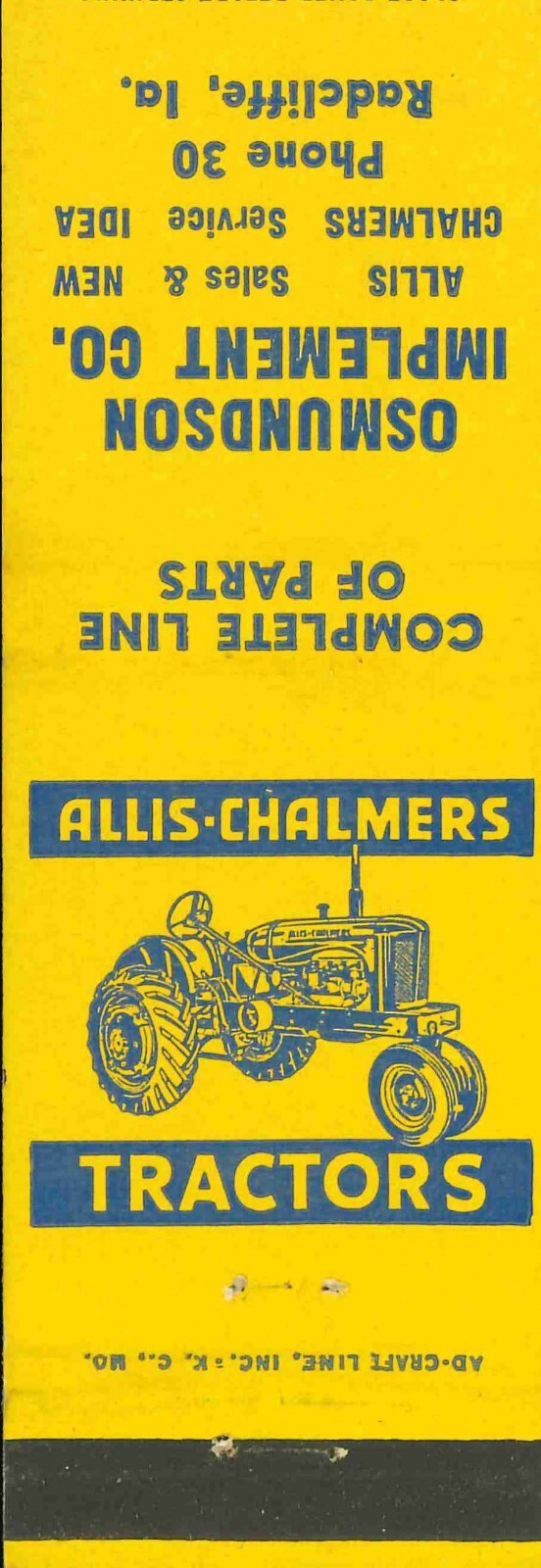 Matchbook Cover Allis Chalmers WD Tractor Osmundson Imp Co Radcliffe Iowa