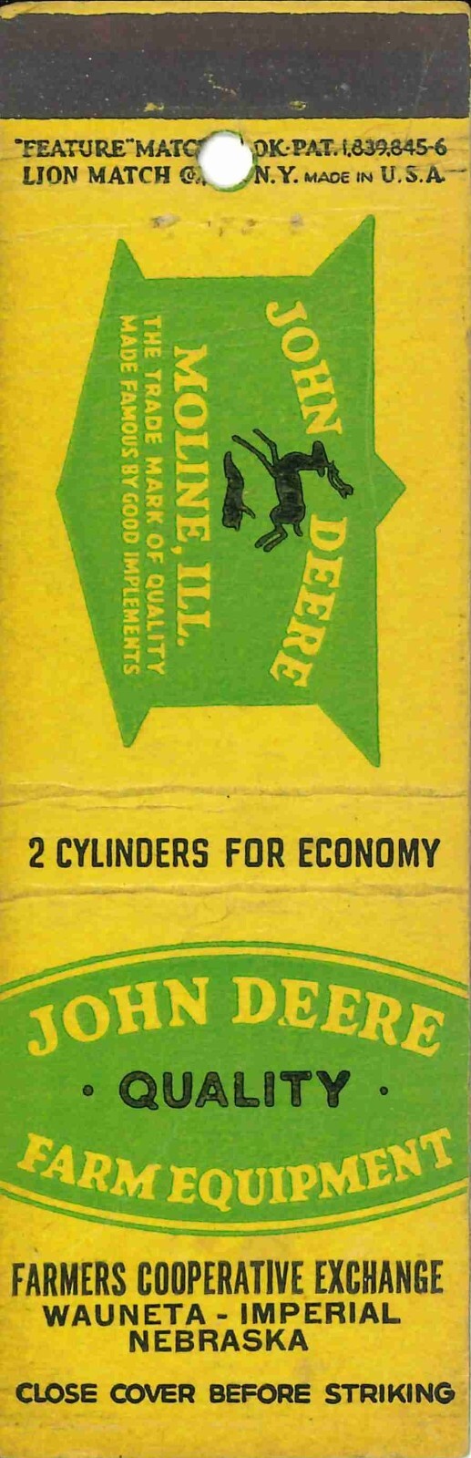 John Deere Matchbook Cover QFE Farmers COOP Exchange Wauneta Imperial Nebraska