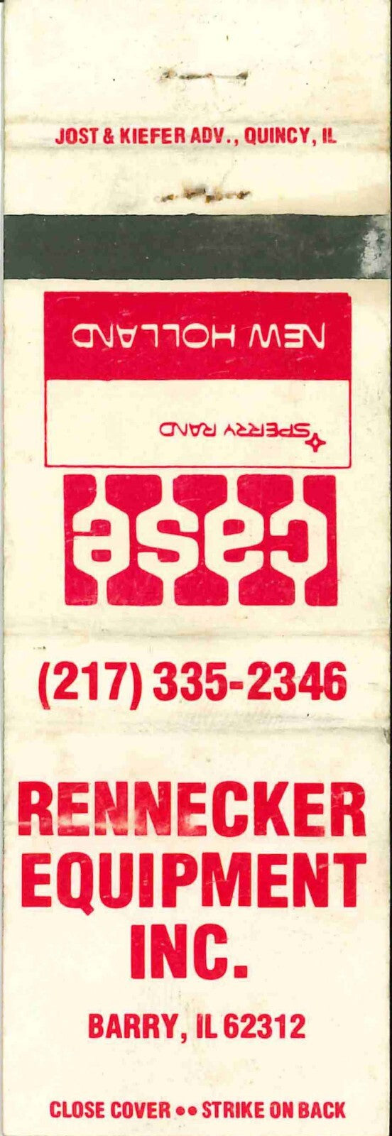 Matchbook Cover J I Case New Holland Rennecker Equip Barry Illinois 