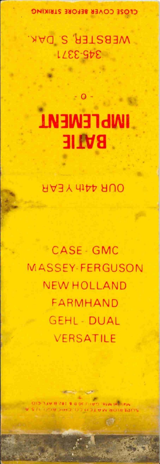 Matchbook Cover J I Case Massey New Holland Versatile Batie Webster South Dakota