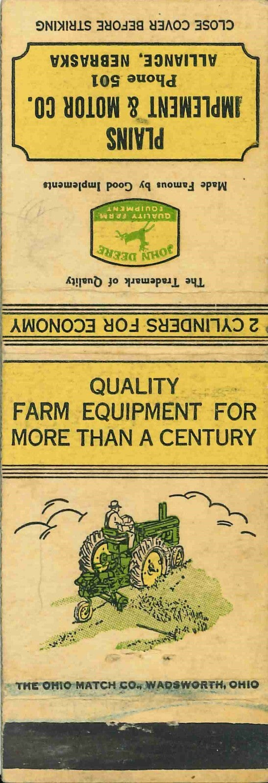 John Deere Matchbook Cover A w/ Mower Plains Implement Motor CO Alliance Nebrask