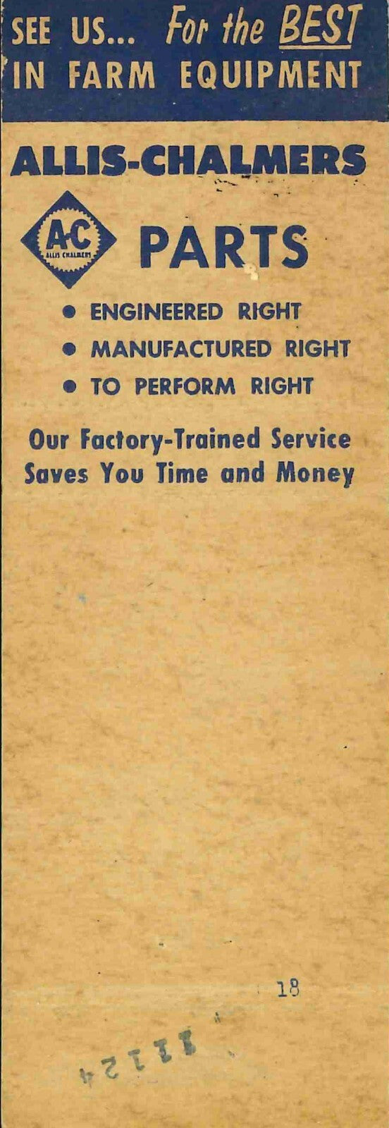 Matchbook Cover Allis Chalmers Tractor Smith Bros Imp Co Sutton Nebraska
