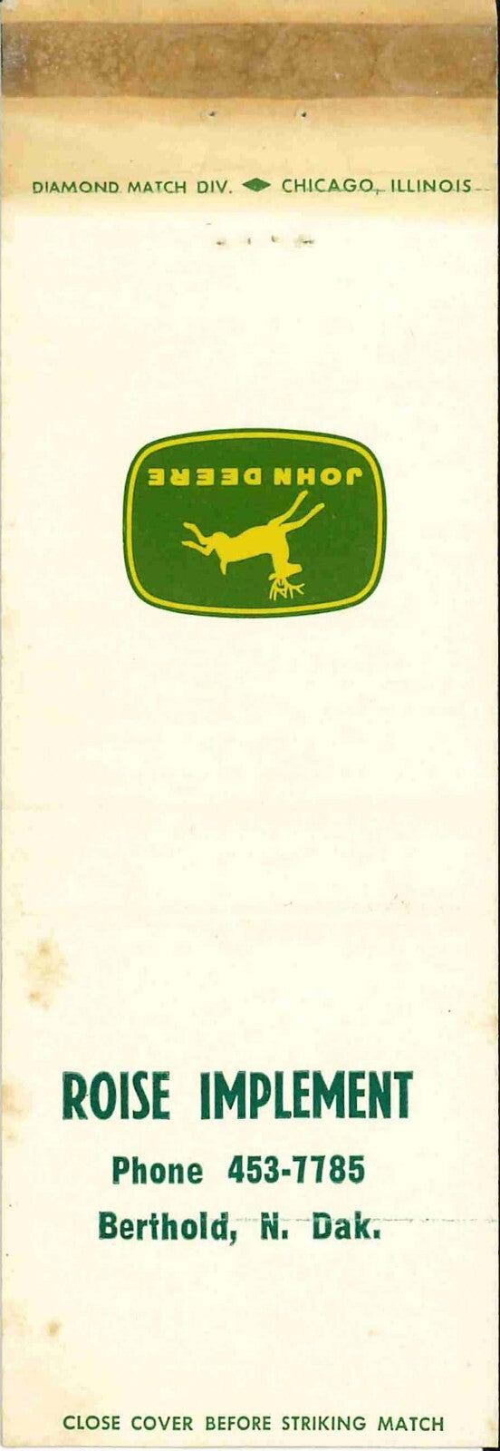 John Deere Matchbook Cover 4 Leg Roise Imp Berthold ND
