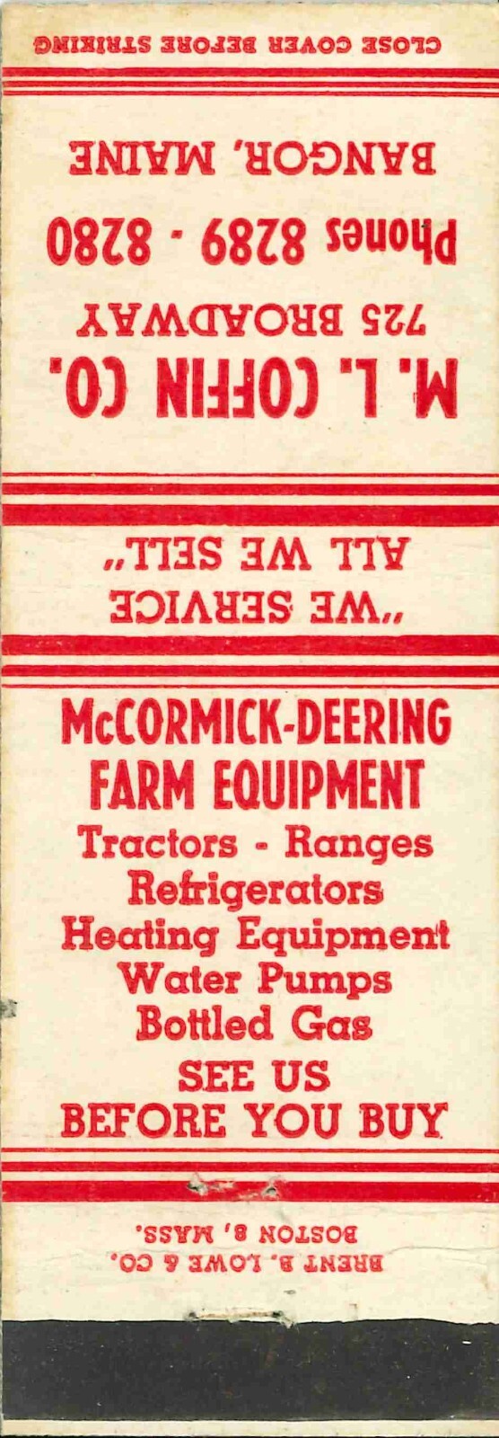Matchbook Cover McCormick Deering Tractors M L Coffin Co Bangor Maine