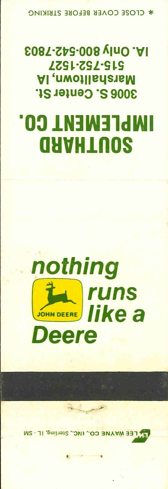 John Deere Matchbook Cover 2 Leg Southard Implement Marshalltown IA