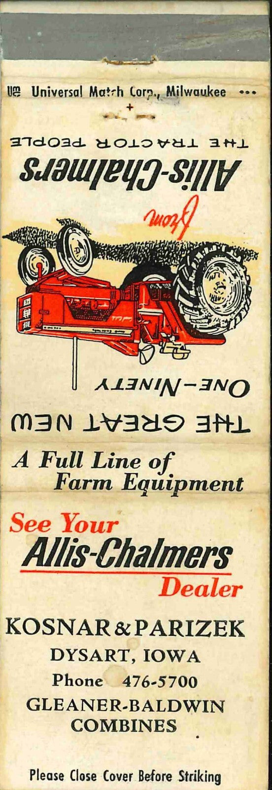 Matchbook Cover Allis Chalmers 190 Gleaner Kosnar Patrick Dysart Iowa
