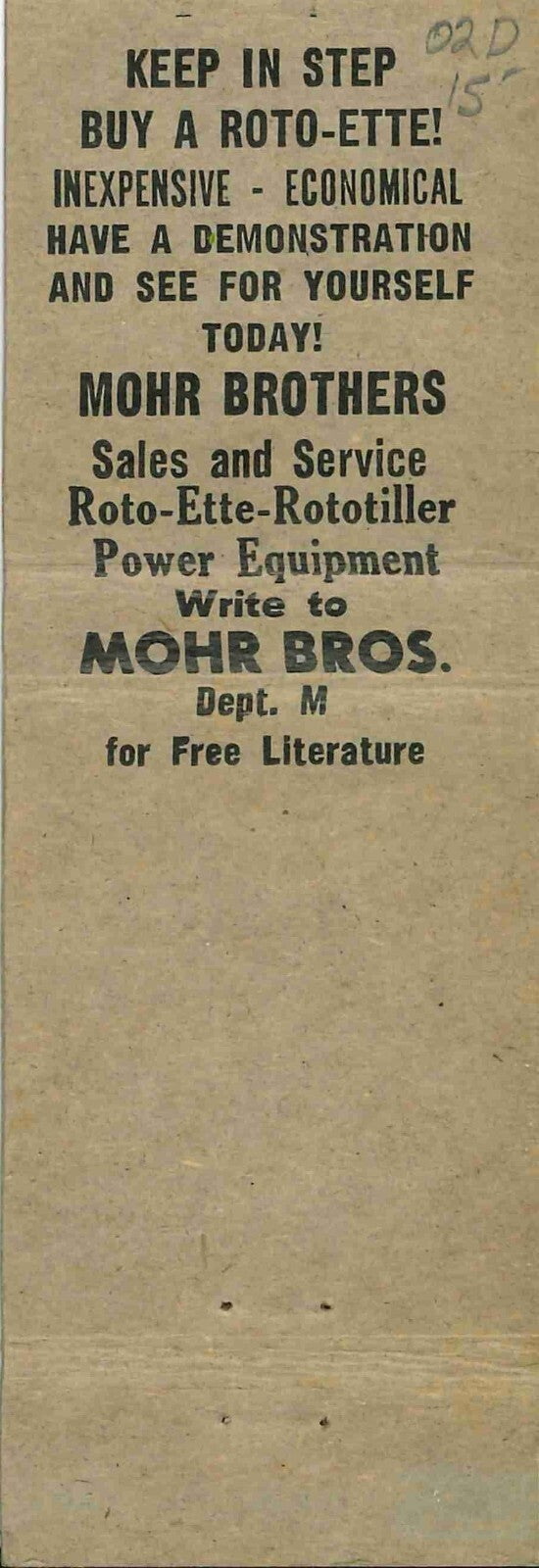 Matchbook Cover Roto Ette Garden Tractors Mohr Brothers Hatboro PA