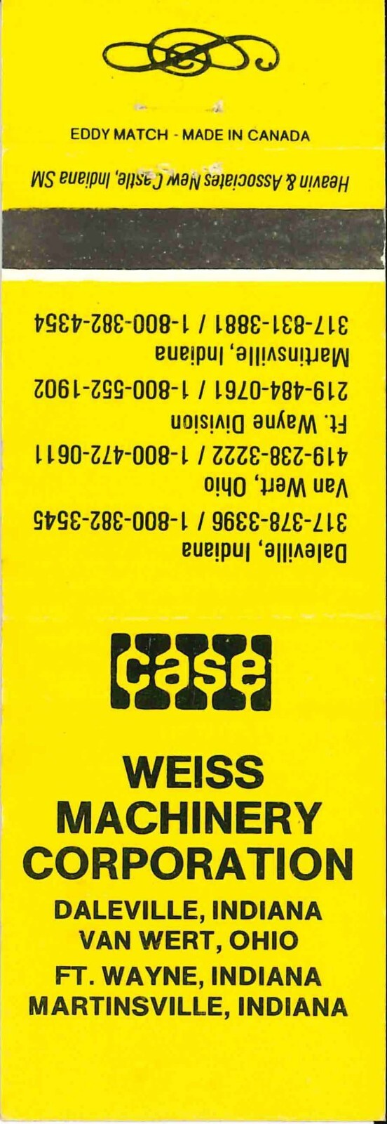 Matchbook Cover J I Case Weiss Machinery Indiana and Ohio