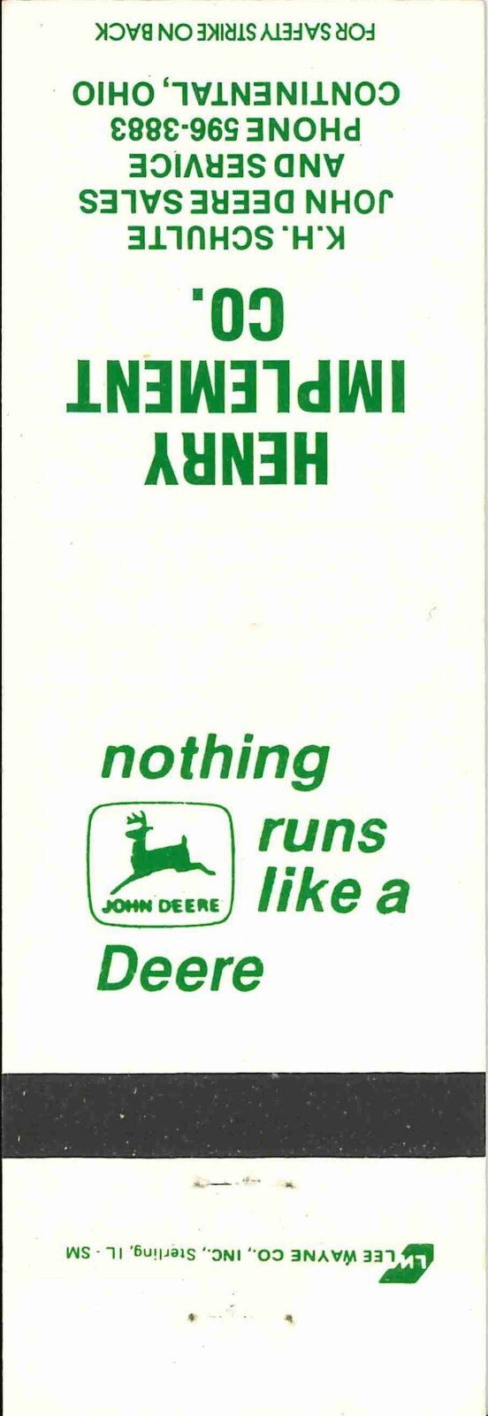 John Deere Matchbook Cover Henry Implement Co Continental OH