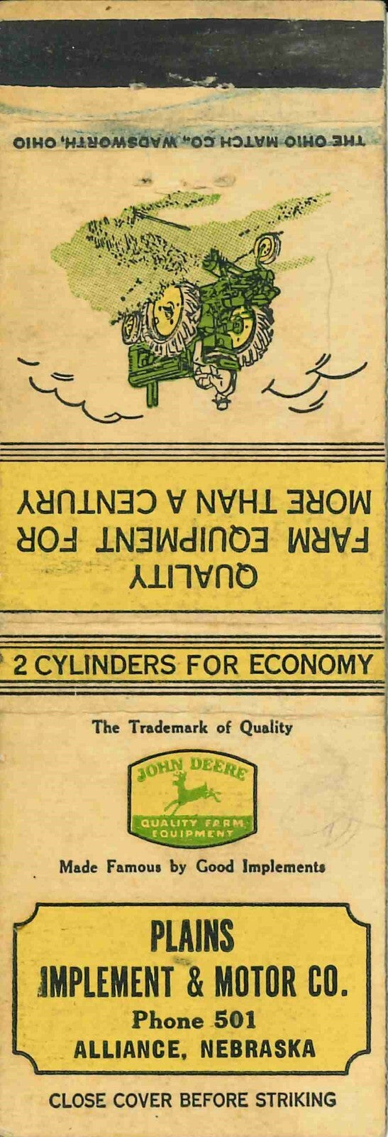 John Deere Matchbook Cover A w/ Mower Plains Implement Motor CO Alliance Nebrask