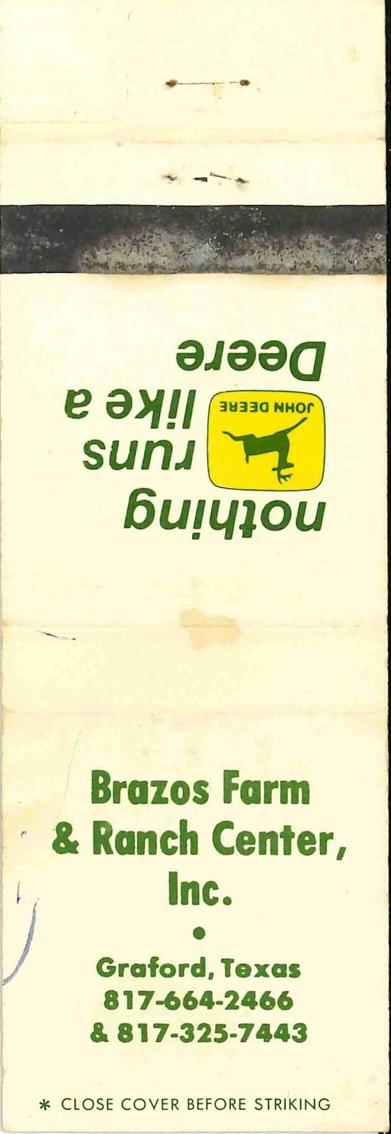 John Deere Matchbook Cover 2 Leg Brazos Farm and Ranch Graford TX