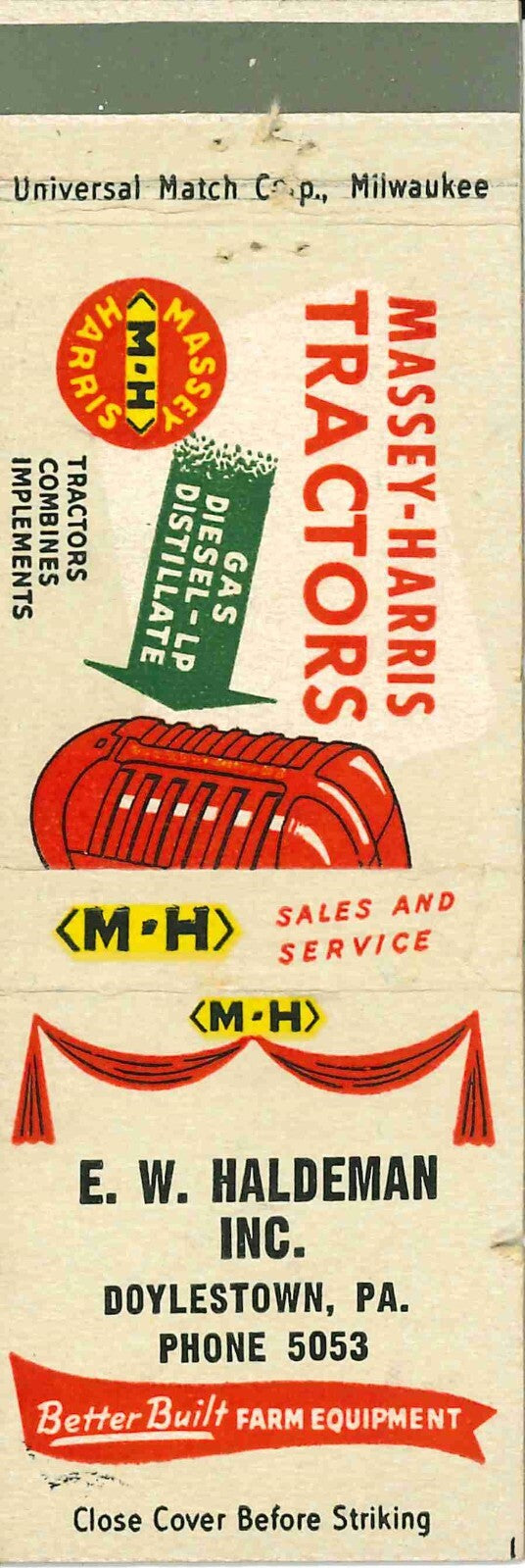 Matchbook Cover Massey Harris Tractors E W Haldeman Doylestown Pennsylvania