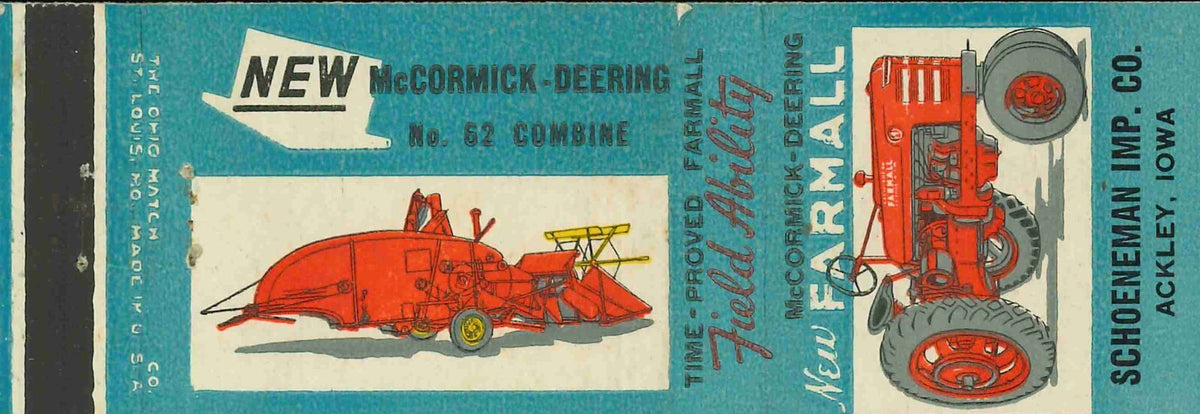 Matchbook Cover Farmall H Combine Truck Schoeneman Imp Co Ackley Iowa