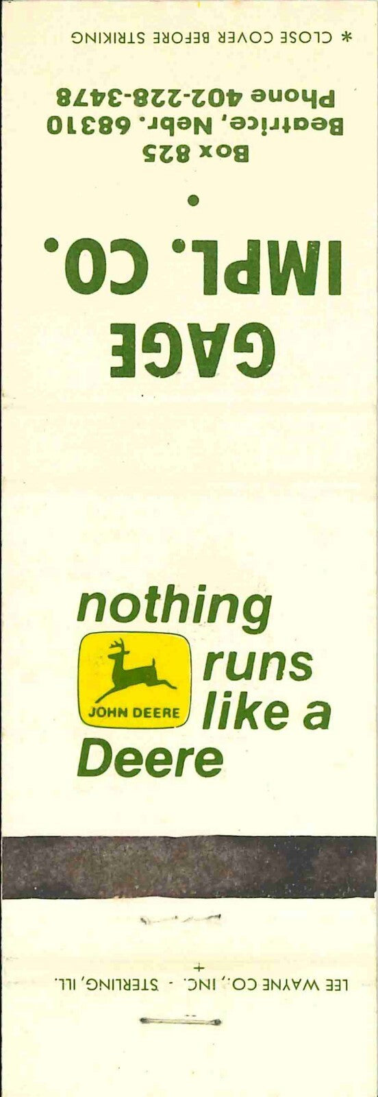 John Deere Matchbook Cover 2 Leg Gage Imp Beatrice NE