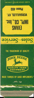 John Deere Matchbook Cover QFE Evans Impl Co Inc Versailles Kentucky