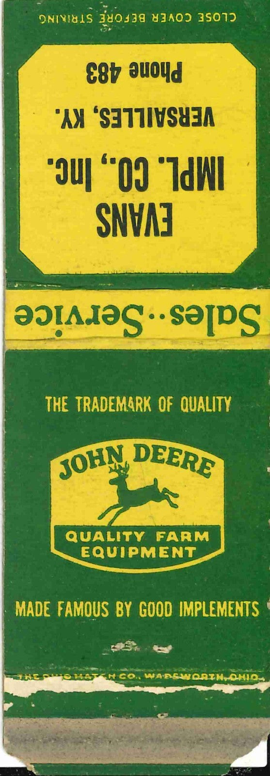 John Deere Matchbook Cover QFE Evans Impl Co Inc Versailles Kentucky