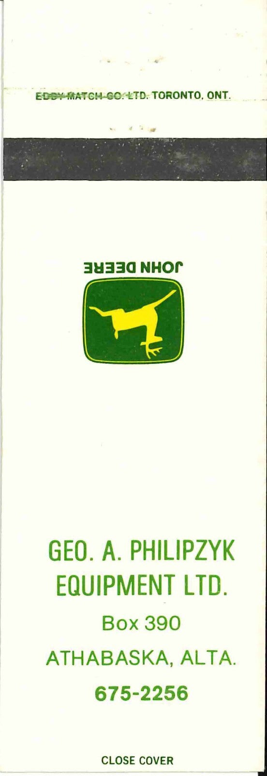 John Deere Matchbook Cover Geo A Philipzyk Equip Athabaska Alta